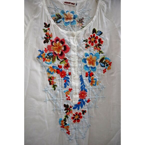 Johnny Was Women's Sz M White Floral Embroidered Tunic Blouse - Picture 6 of 11